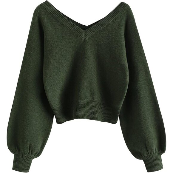 Sweaters - Elegant Lightweight V-Neck Crop Sweater for Women - Long Sleeve Casual Knit
